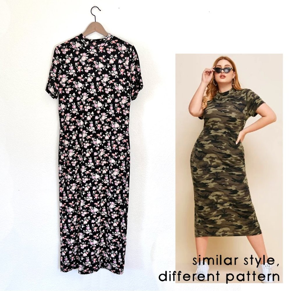 1X Super Soft Floral Maxi Dress with Mock Neck and Short Sleeves by Shein Curve